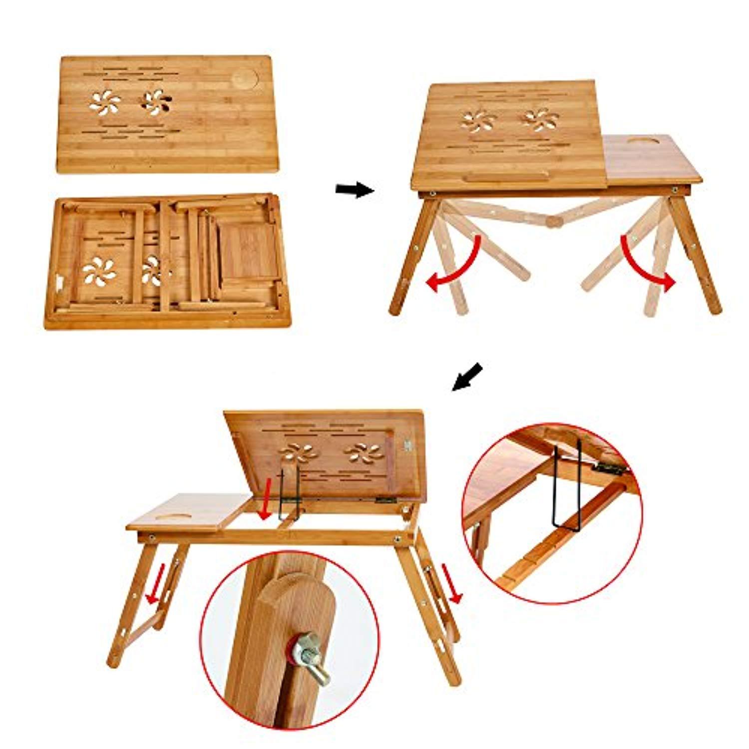 Bosonshop Adjustable Bamboo Laptop Desk Foldable Breakfast Table with Tilting Top Drawer,Eco Friendly