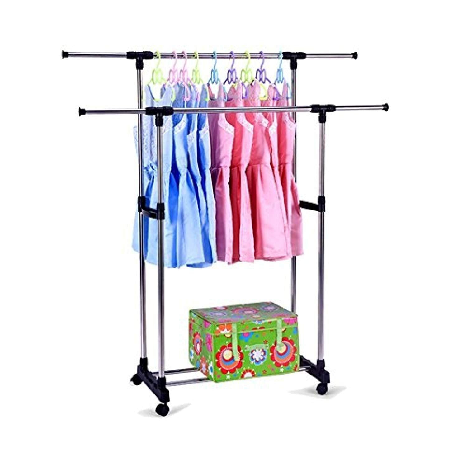 Bosonshop Double Rods Adjustable Clothes Rack Rolling Garment Rack with Shoe storage and Bottom Wheels