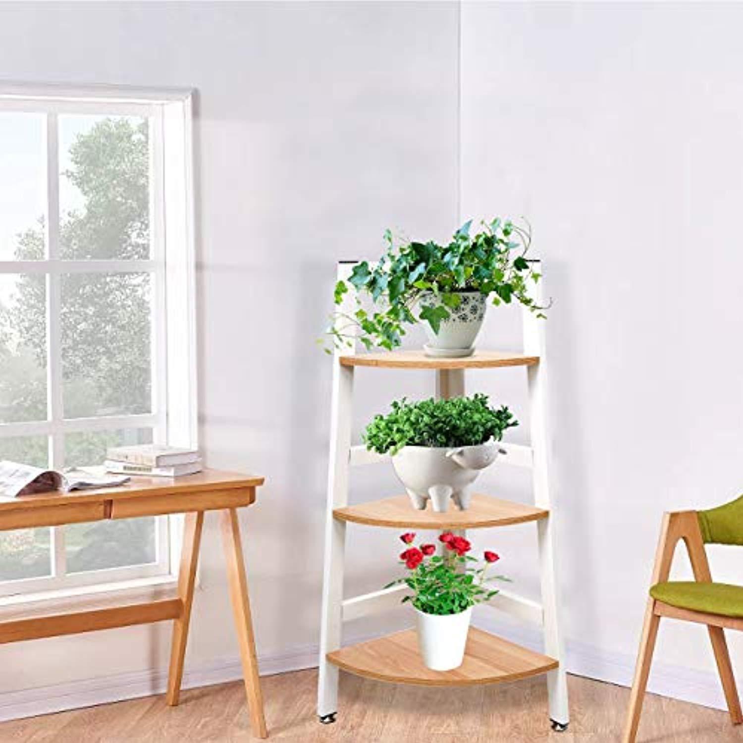 Bosonshop 3-Tier Wood Free Standing Corner Shelf with Metal Frame Oak&White