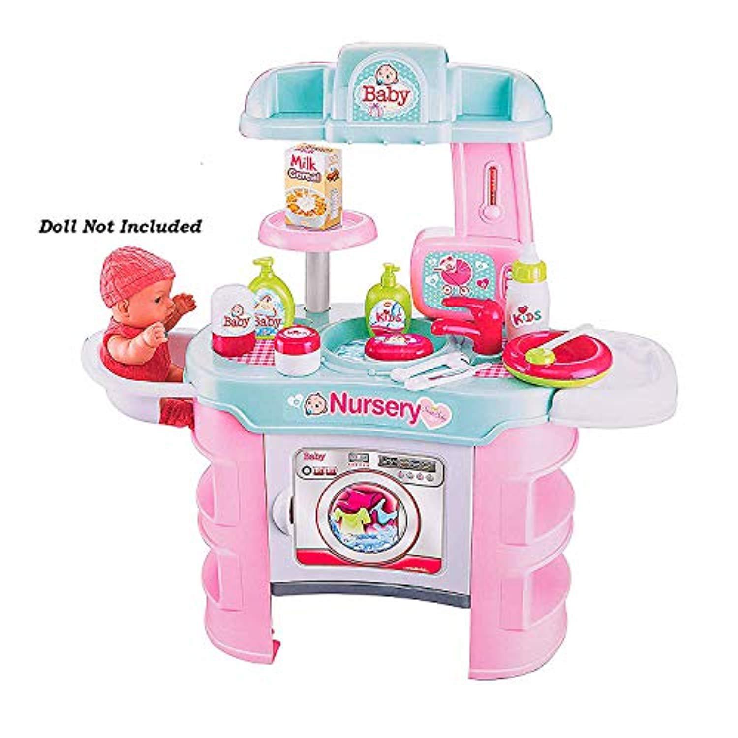 Bosonshop Kids Pretend Role Play Baby Doll Bath Table Nursery Care Playset Toy, Pink