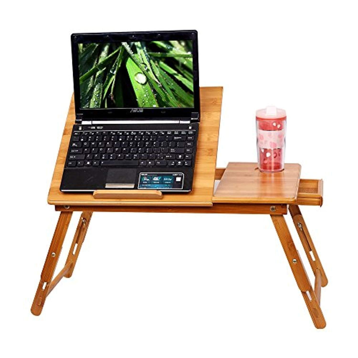 Bosonshop Adjustable Bamboo Laptop Desk Foldable Breakfast Table with Tilting Top Drawer,Eco Friendly