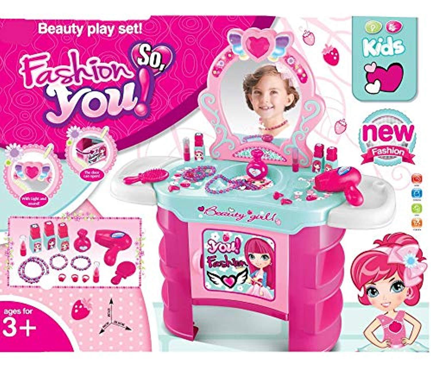 Bosonshop Pretend Play Kids Vanity Dressing Table Beauty Play Set Toy, Pink