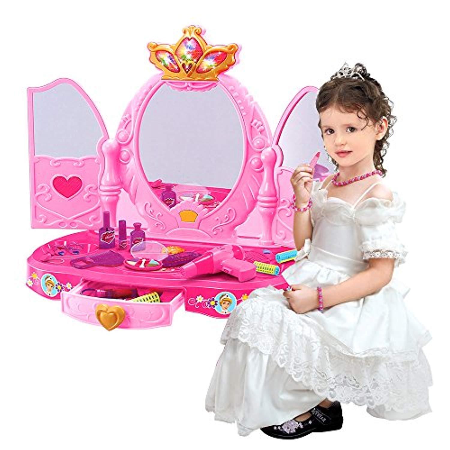 Bosonshop Pink Princess Pretend Play Dressing Table with Makeup Mirror,Music and Lights