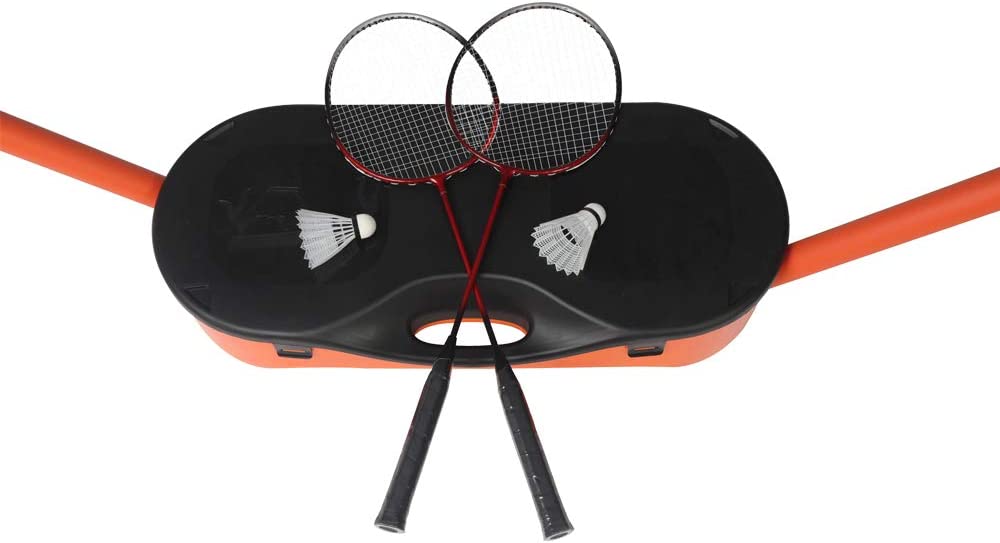 Portable Badminton Net Set Storage Box Base with 2 Battledores 2 Shuttlecocks Large, Orange - Bosonshop