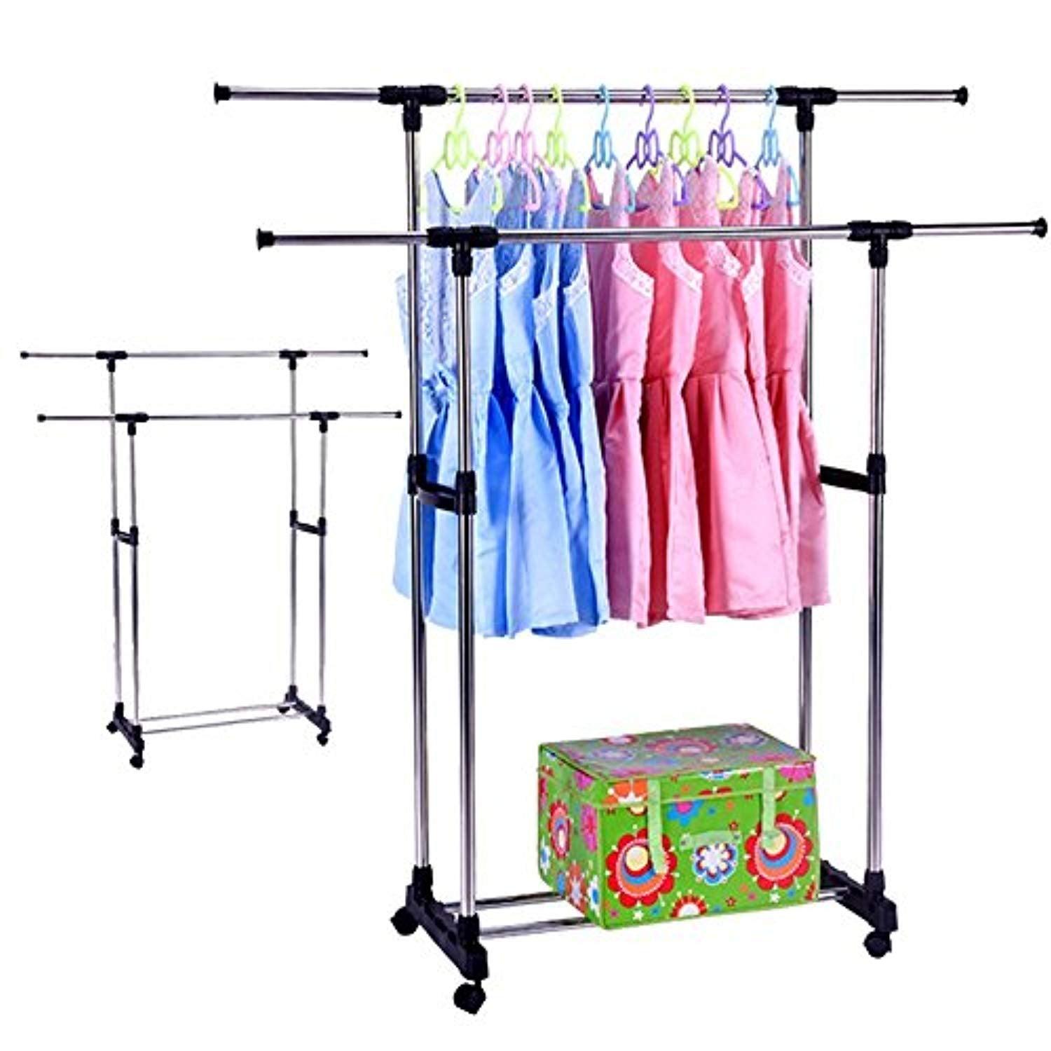 Bosonshop Double Rods Adjustable Clothes Rack Rolling Garment Rack with Shoe storage and Bottom Wheels