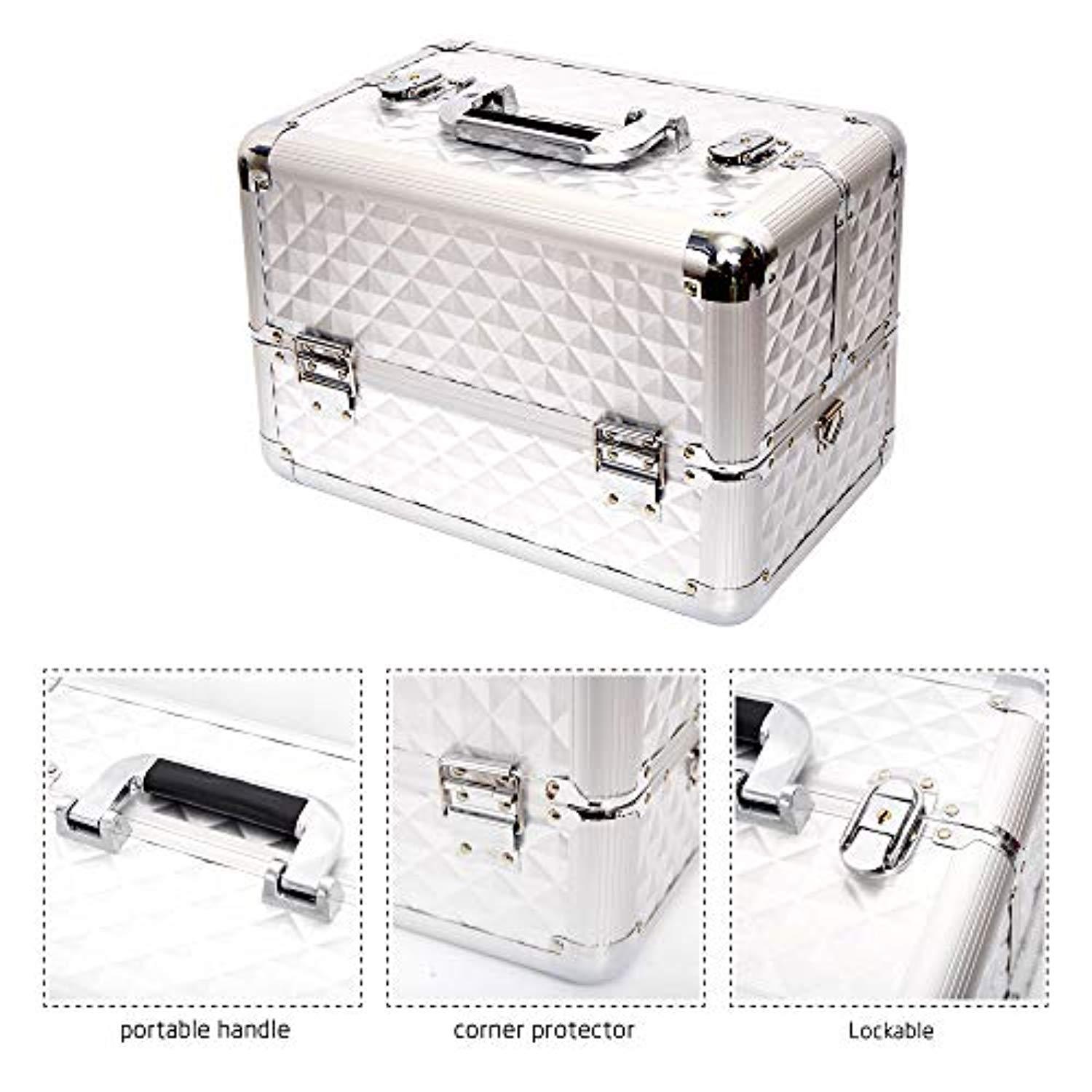 Bosonshop Professional Makeup Train Case with 4 Sliding Trays and Adjustable Dividers with 2 Lock&Keys,Silver