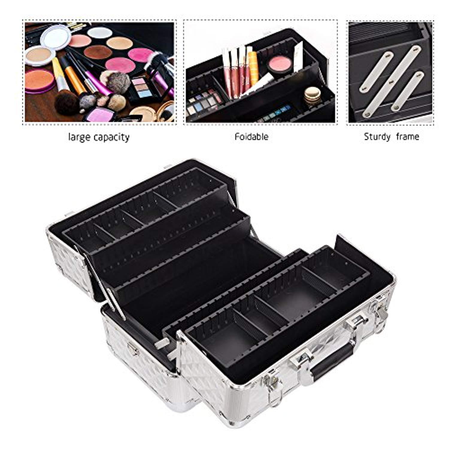 Bosonshop Professional Makeup Train Case with 4 Sliding Trays and Adjustable Dividers with 2 Lock&Keys,Silver