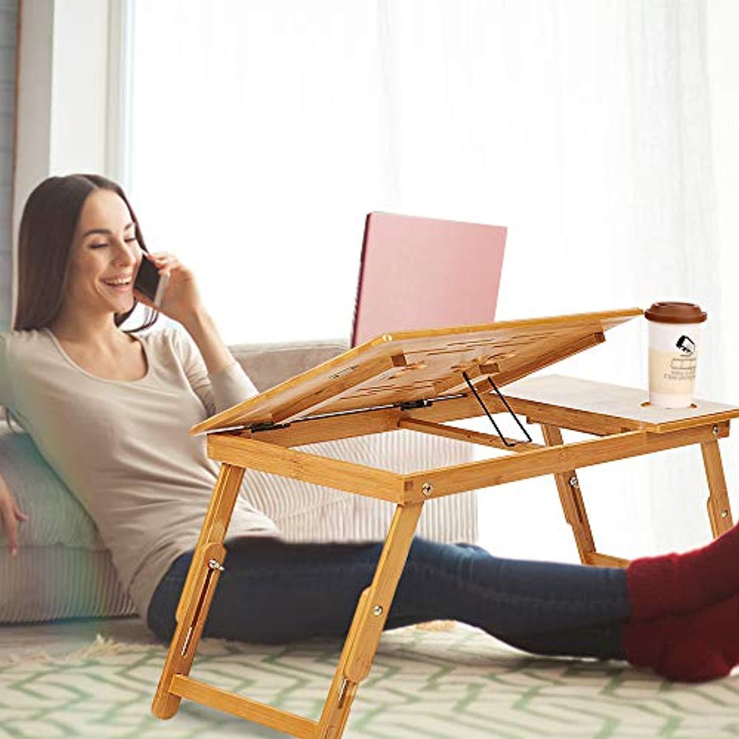 Bosonshop Adjustable Bamboo Laptop Desk Foldable Breakfast Table with Tilting Top Drawer,Eco Friendly