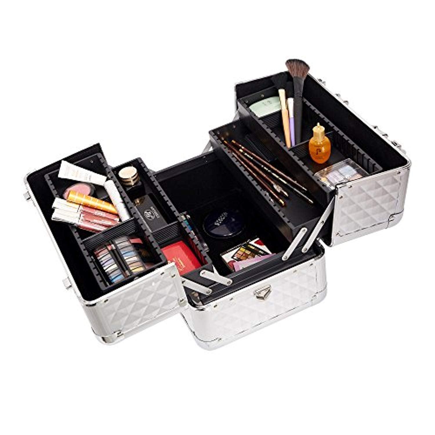 Bosonshop Professional Makeup Train Case with 4 Sliding Trays and Adjustable Dividers with 2 Lock&Keys,Silver