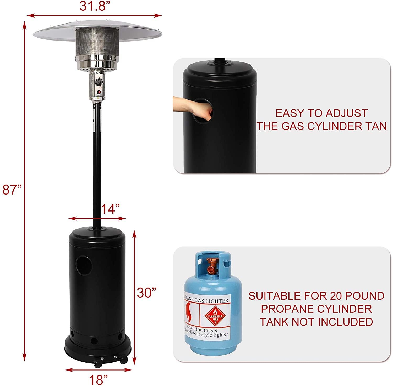 Outdoor Propane Heater Portable Patio Heater With Wheels 87 Inches Tall 36000 BTU for  Commercial Courtyard (Black) - Bosonshop