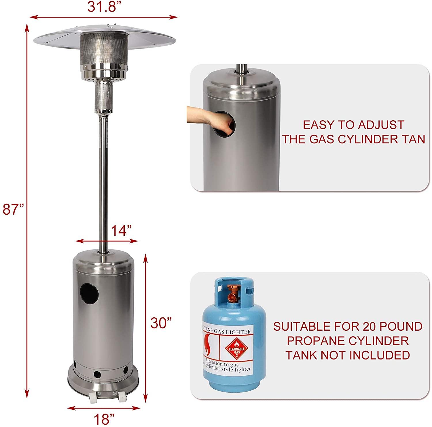 Outdoor Patio Heater Standing Gas LP Propane Heater with Wheels 87 Inches Tall 36000 BTU for Commercial Courtyard (Silver) - Bosonshop