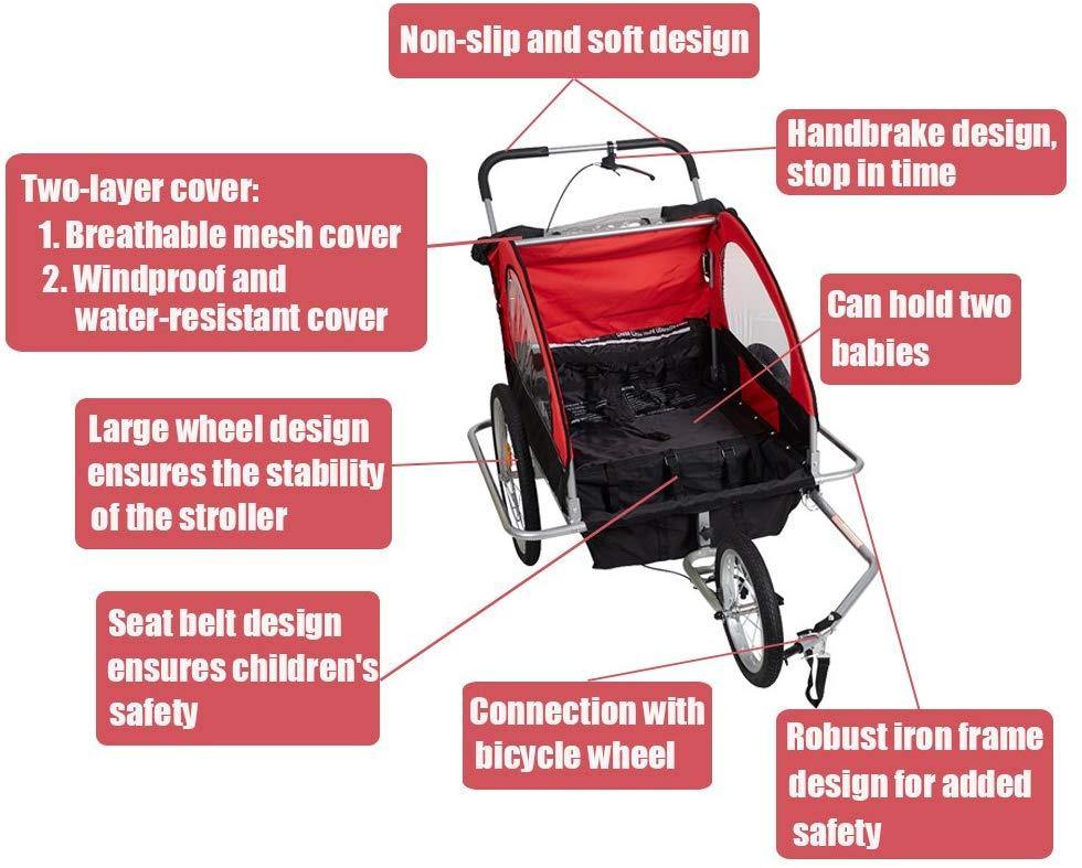 Double Child Kids Bike Trailer Bicycle Carrier 2-Seater Baby Stroller Jogger for Outdoor Travel Walking Cycling, 2-in-1, Red - Bosonshop