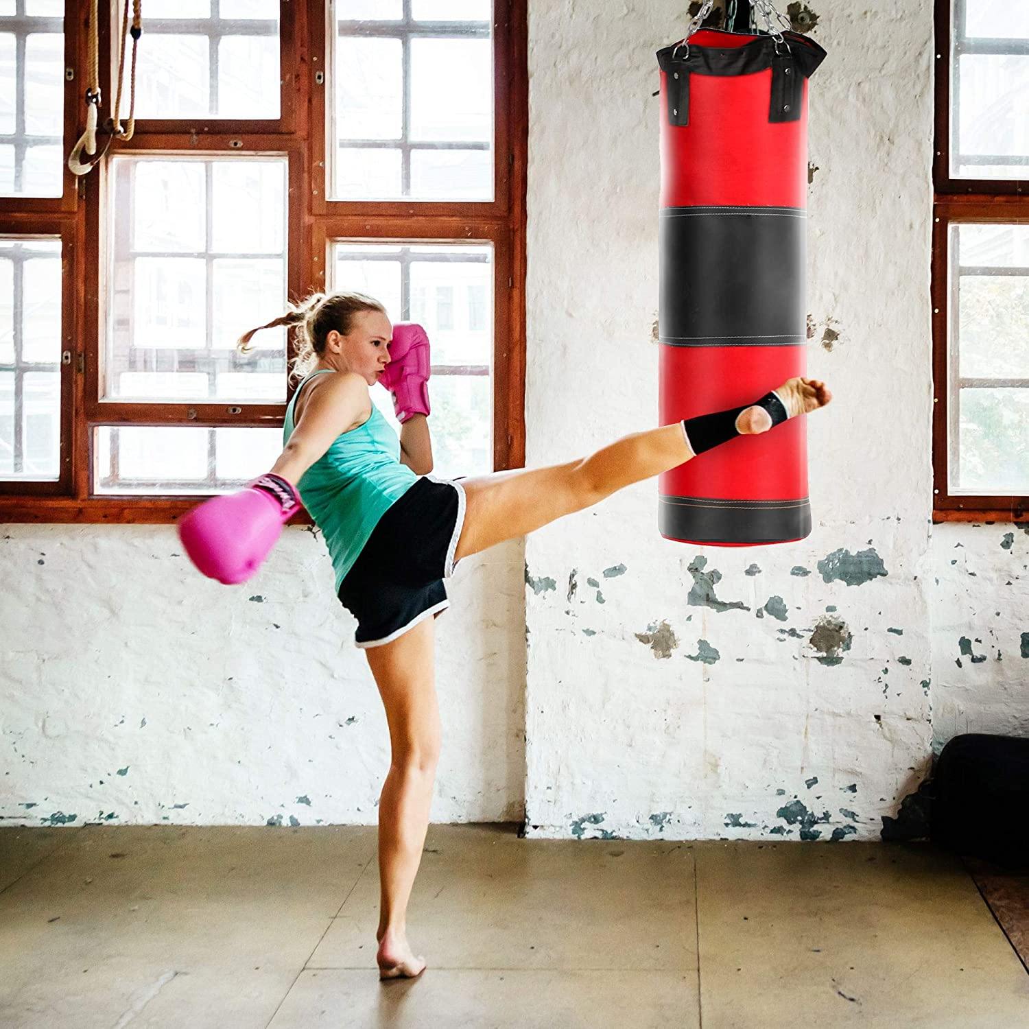 Punching Heavy Bag Workout Hanging Boxing Bag Empty with Chain for Fitness Muay Thai Training (Red) - Bosonshop