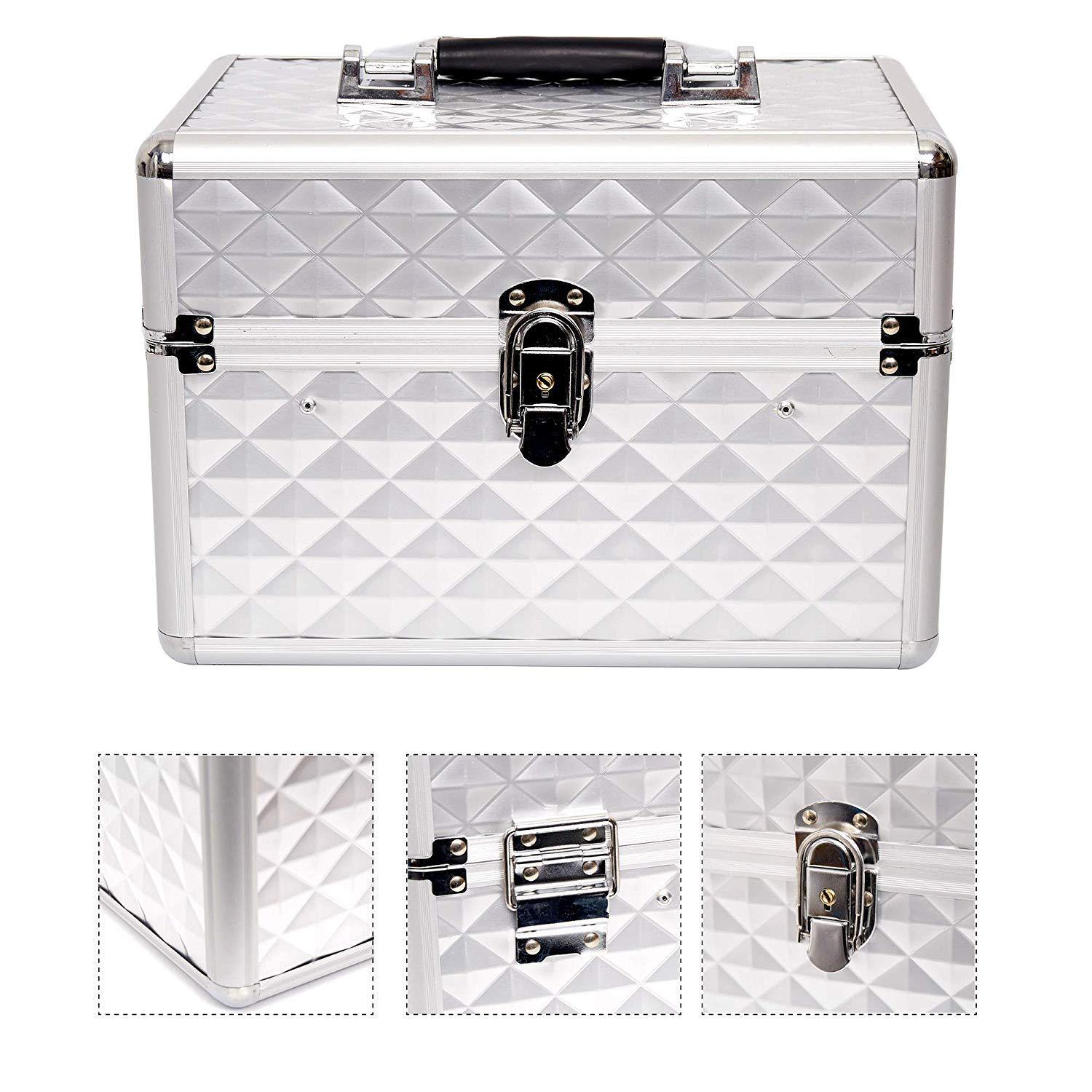 Professional Makeup Train Case with 6 Sliding Trays Portable Cosmetic Box Storage Organizer Aluminum Design - Bosonshop