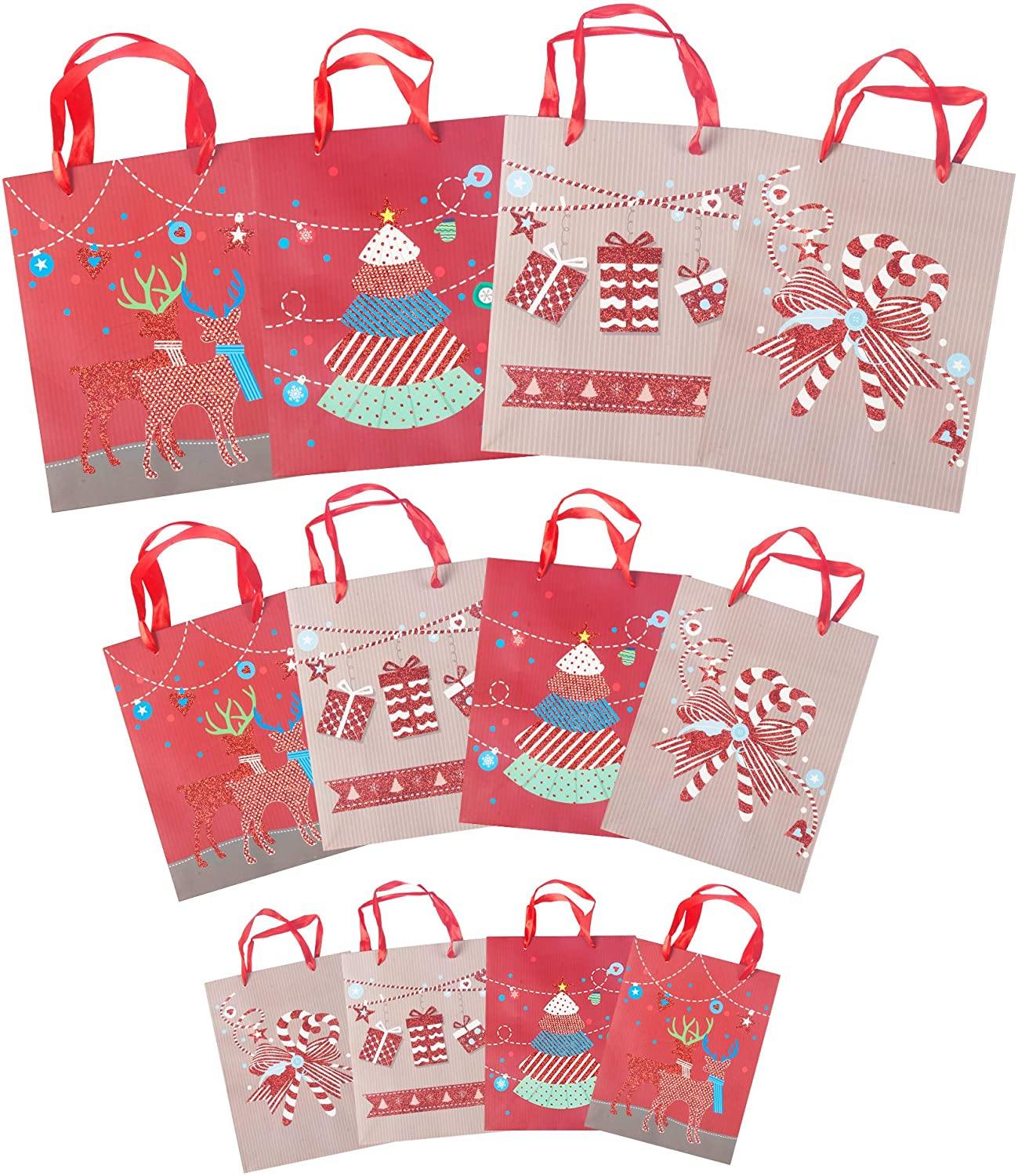 12 Pack Assorted Christmas Gift Bags with Small Medium Large Size, 4 Xmas Pattern Holiday Gift Bags with Tissue Paper, Red with Glitter - Bosonshop