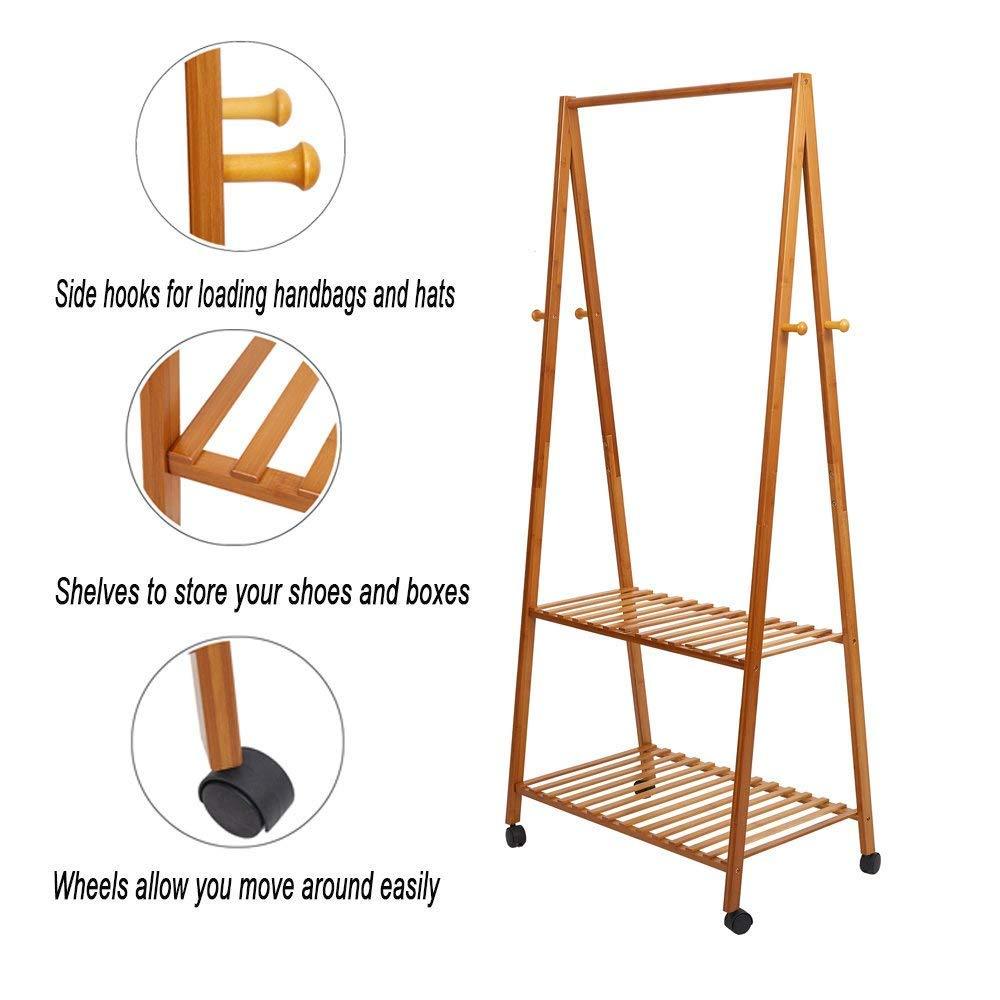 Bosonshop Bamboo Garment Clothing Rack with Wheels and Hooks