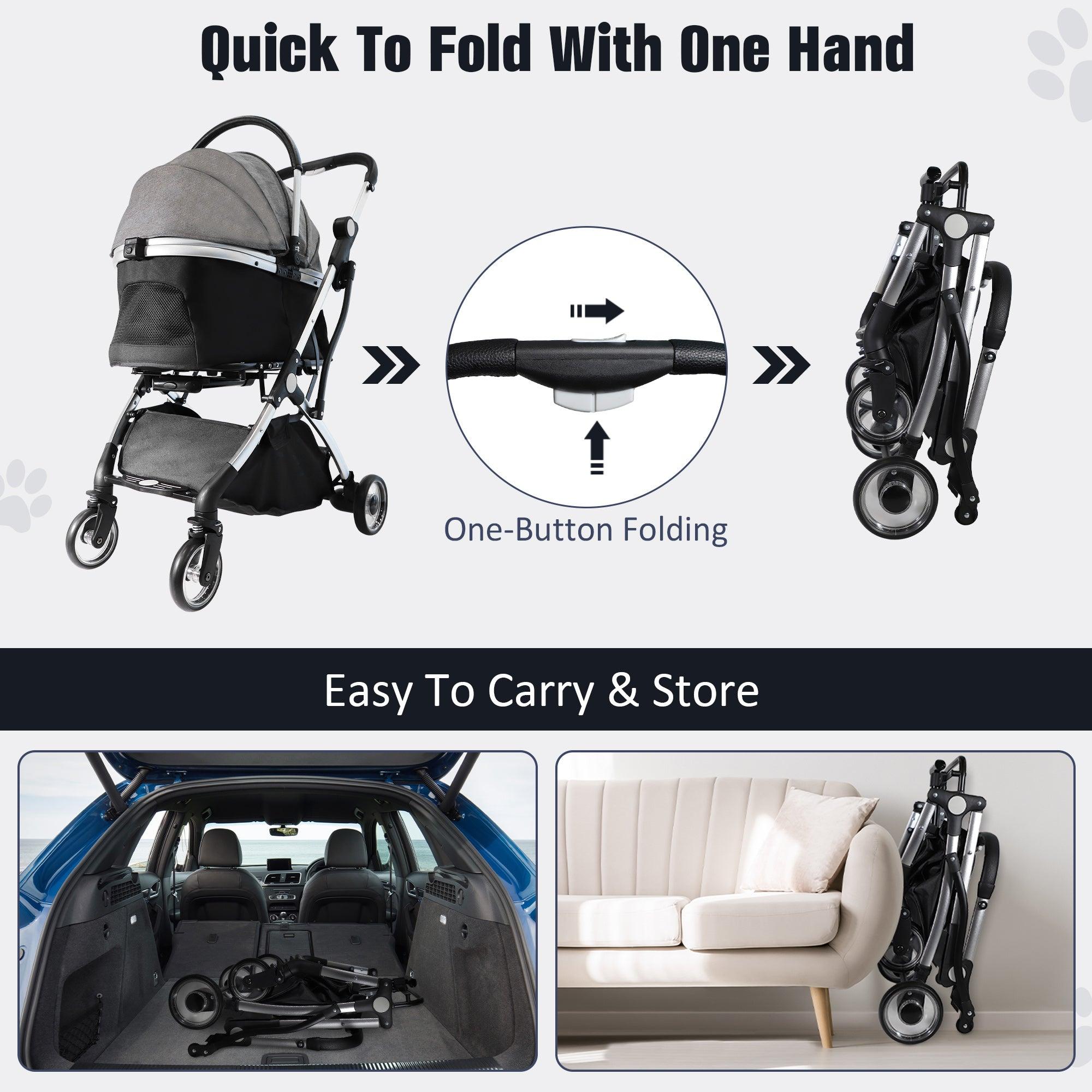 Foldable Pet Stroller 3 in 1 Design Detachable Carrier Telescopic Handle Aluminum Alloy Frame Up to 33 lbs Capacity Gray - Bosonshop