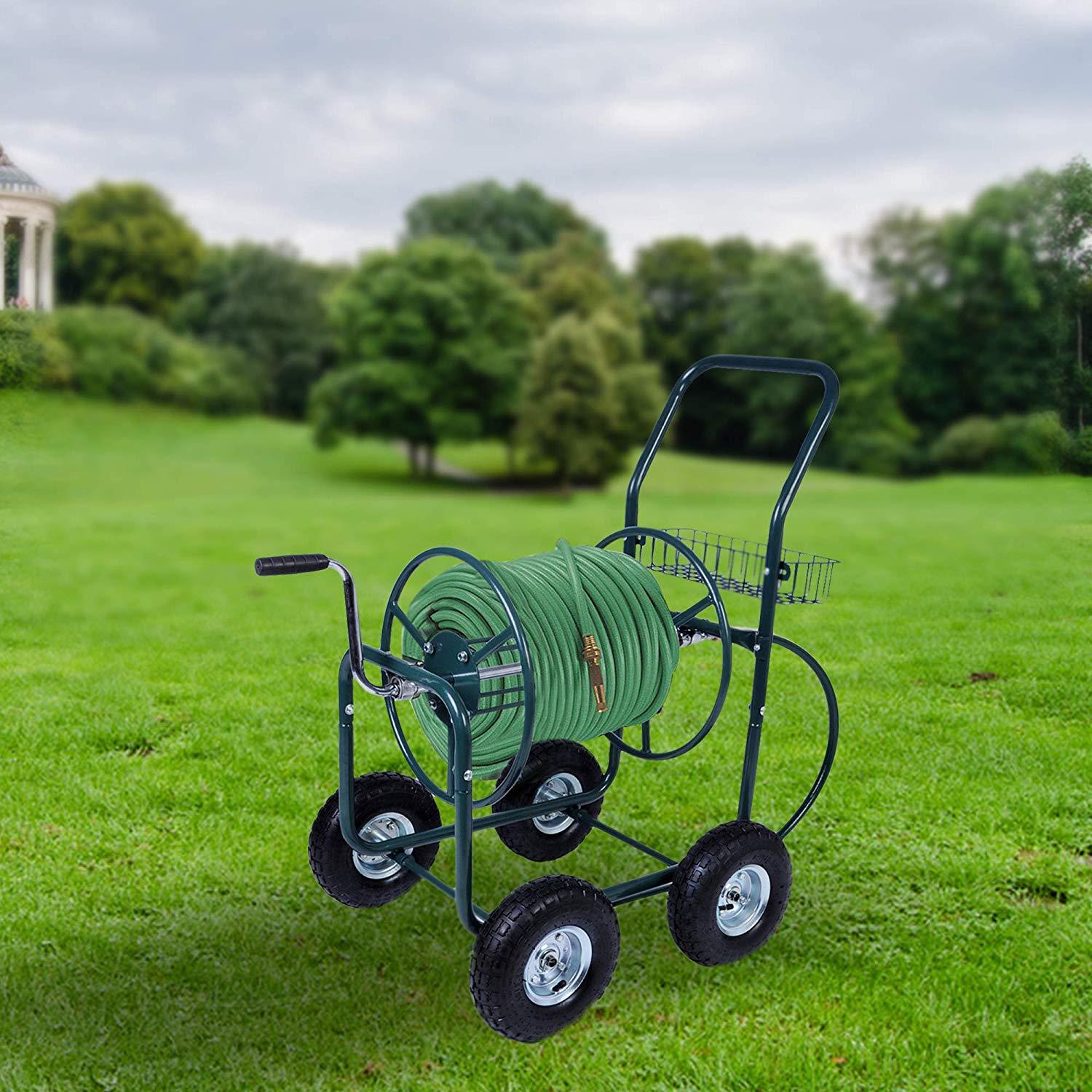 Bosonshop 4 Wheels Heavy Duty Garden Hose Reel Cart with Storage Basket,Holds 390FT Hose