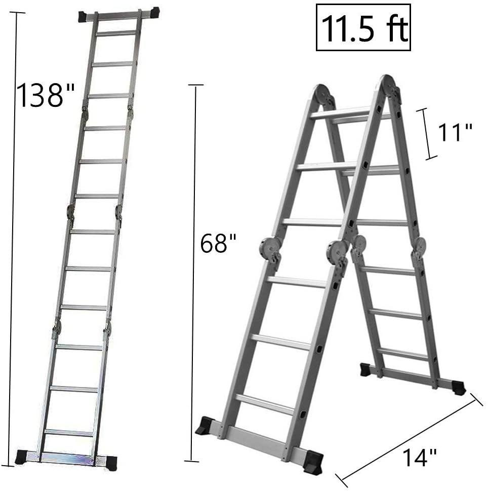 11.5 Feet Folding Multi-Ladder 12 Step Aluminum Extendable Ladder Scaffold Ladders, 330lbs Capacity - Bosonshop