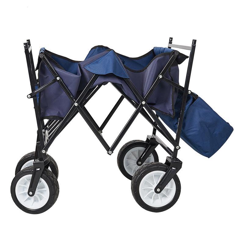 Outdoor Folding Wagon Collapsible Utility Cart with Removable Canopy and Storage Basket Blue - Bosonshop