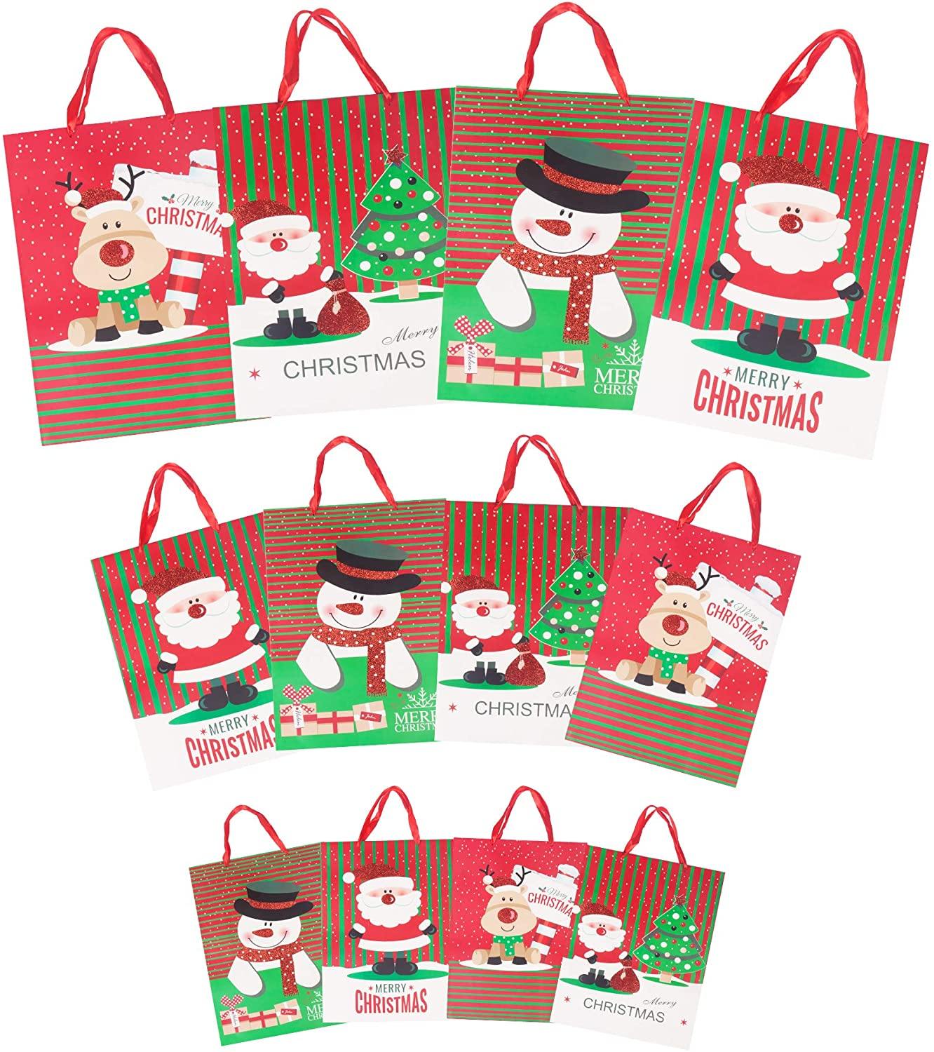 12 Pack Assorted Christmas Gift Bags with Small Medium Large Size, 4 Xmas Pattern Holiday Gift Bags with Tissue Paper, Bright - Bosonshop