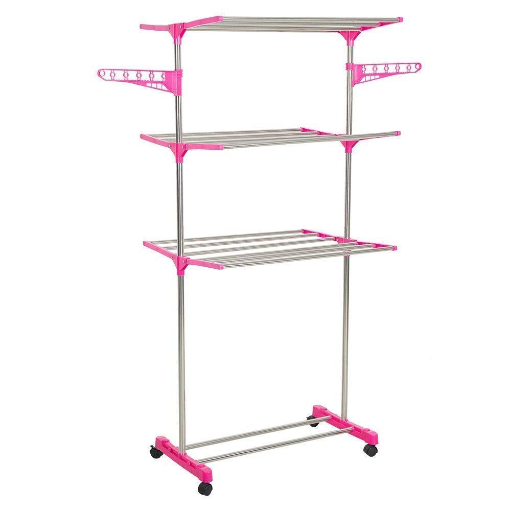 Bosonshop 3-Tier Foldable Rolling Clothes Drying Rack Stainless Steel Garment Rack with Wheels