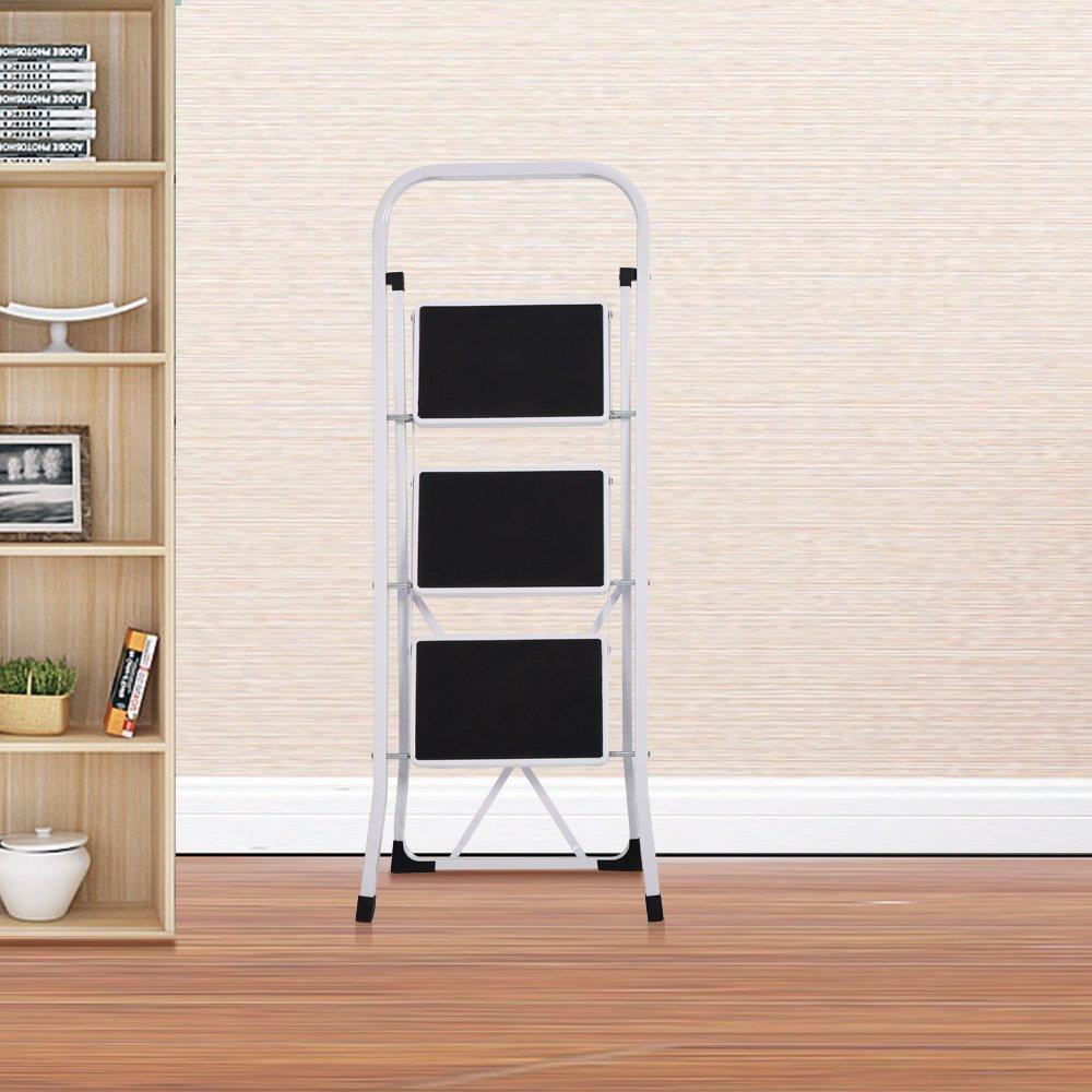 Bosonshop Folding Compact Portable 3 Step Ladder 330 lb Capacity, White