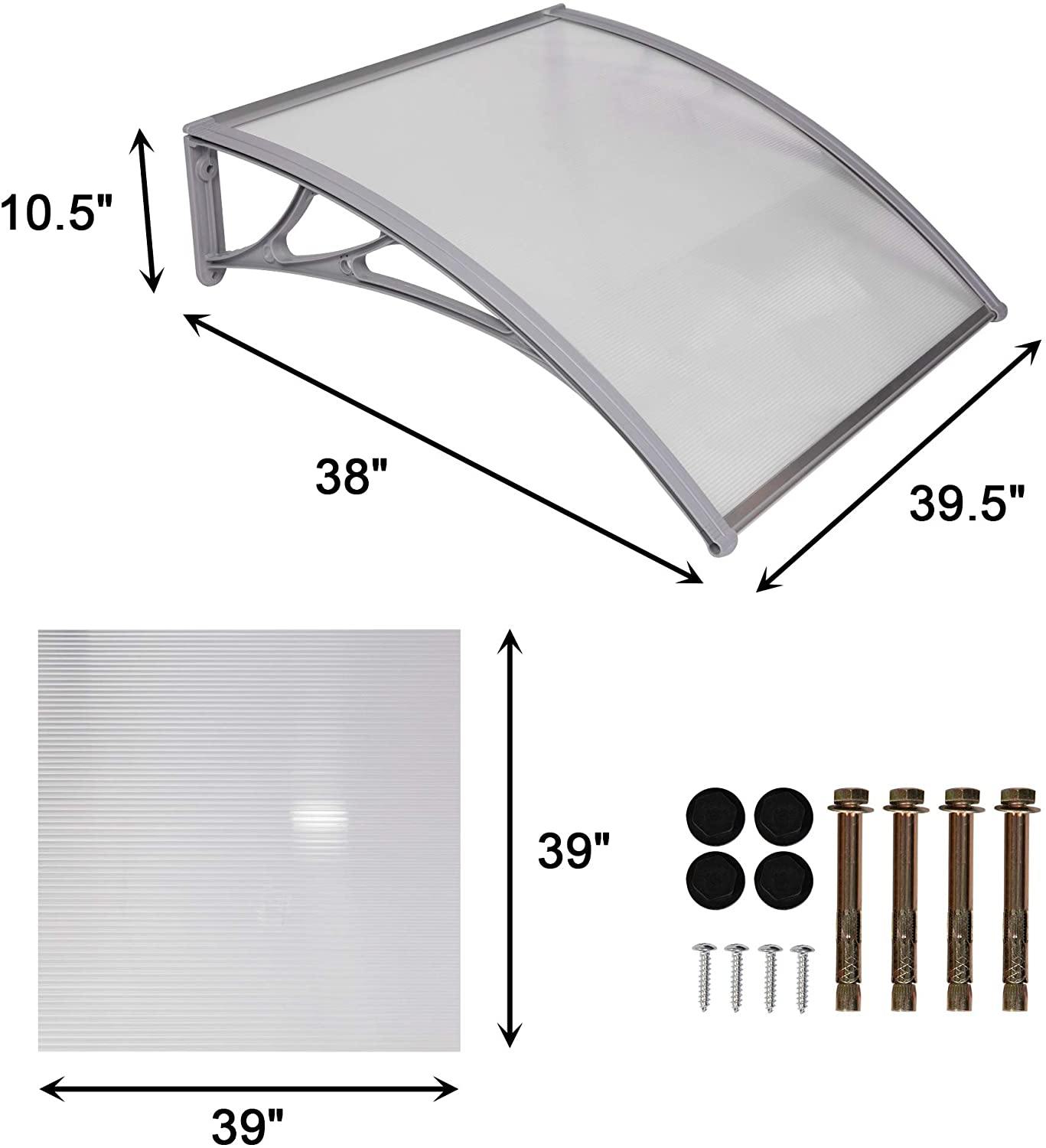 Clear 39.5 x 38 Inch Door Entry Awning Porch Window Outdoor Patio Sun Shade Shelter Polycarbonate Cover Waterproof & UV-Proof Suitable - Bosonshop