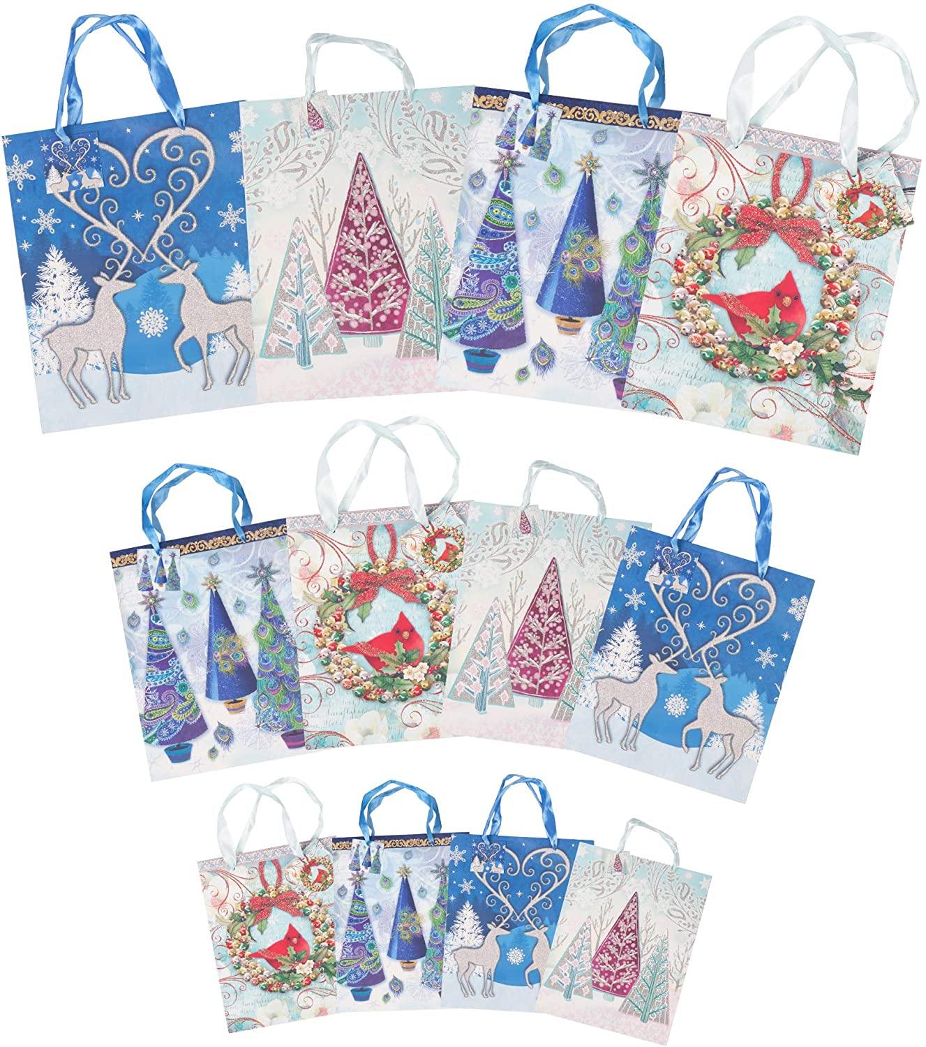 12 Pack Assorted Christmas Gift Bags with Small Medium Large Size, 4 Xmas Pattern Holiday Gift Bags with Tissue Paper, Blue with Glitter - Bosonshop