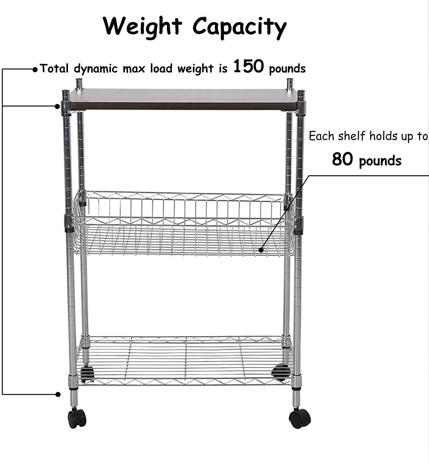 3-Tier Wire Rolling Cart Kitchen Shelf Organizer Rack with Chopping Board and Wheels Shelving Unit Storage Cart - Bosonshop