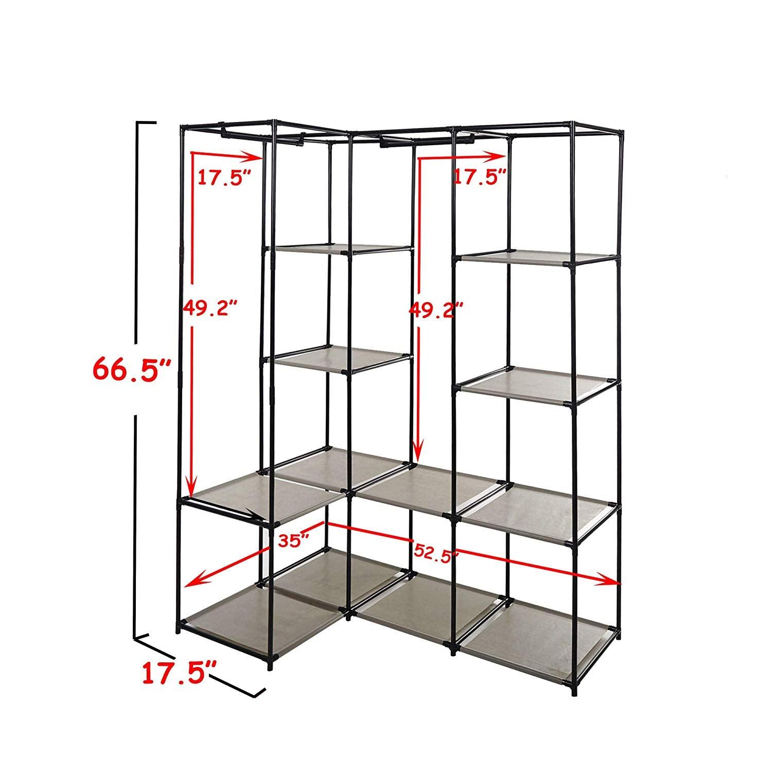 Bosonshop Wardrobe Storage Organizer with Metal Shelves and Dustproof Non-Woven Fabric Cover in Gray