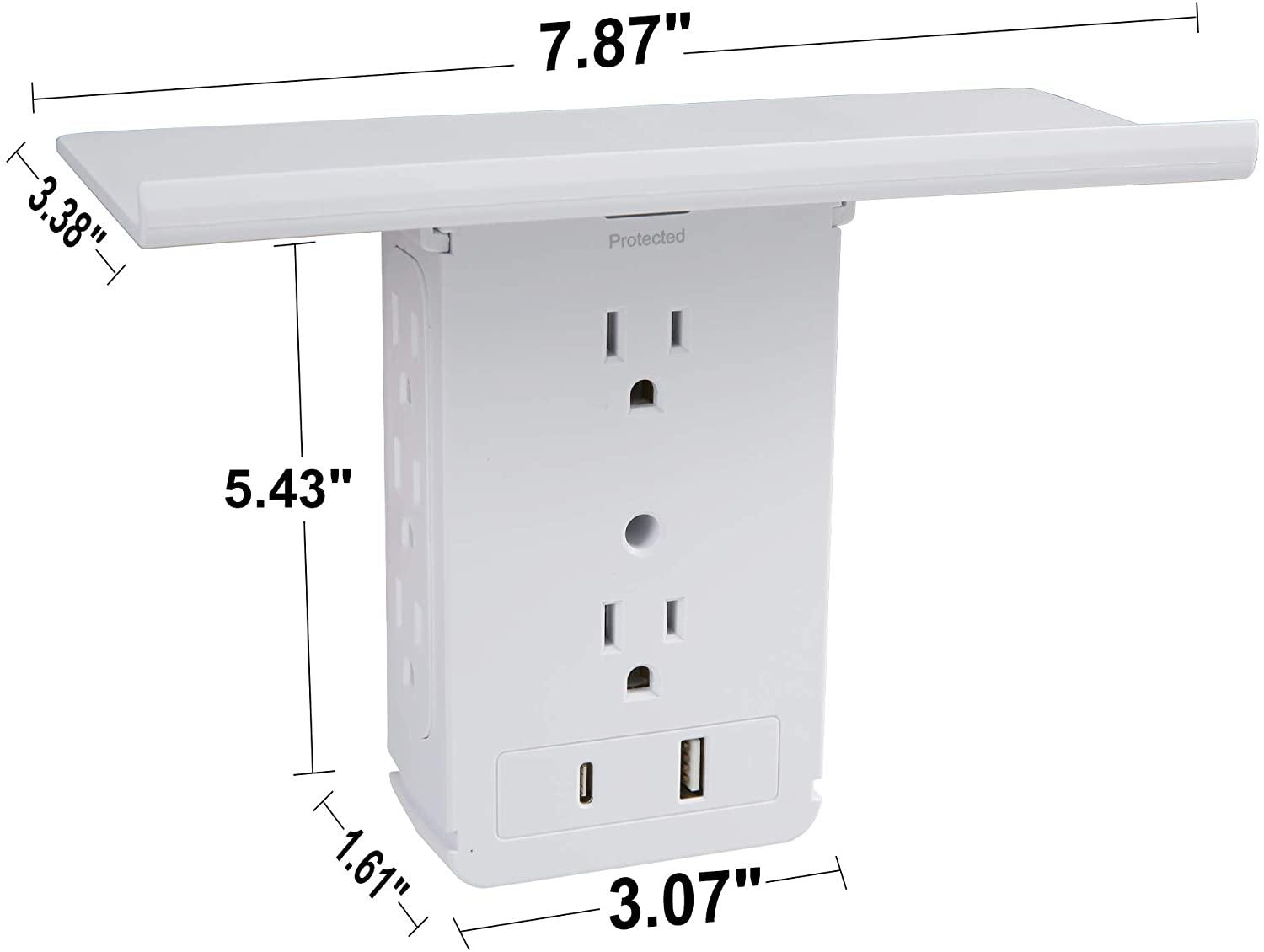 Socket Shelf Outlet 2 Pack Surge Protector Extender Wall plug with USB A+C Ports(3.4A Total), 8 AC Outlets - Bosonshop