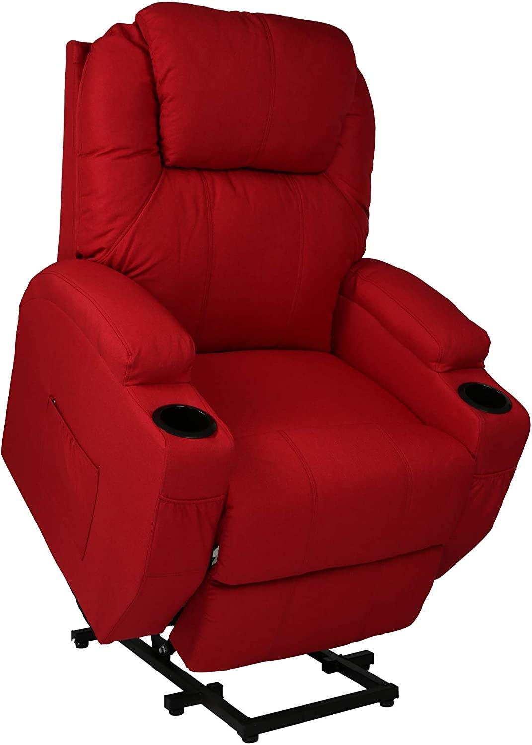 Single Recliner Chair with Massage & Heating Ergonomic Lounge Massage Sofa Power Lift with 2 Cup Holder Home Theater Seat, Fabric, Red - Bosonshop