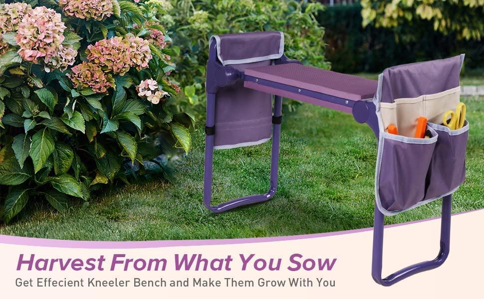 Garden Kneeler Widen Seat Bench Folding Gardening Stools with EVA Foam Kneeling Pad and 2 Tool Pouch, Purple - Bosonshop