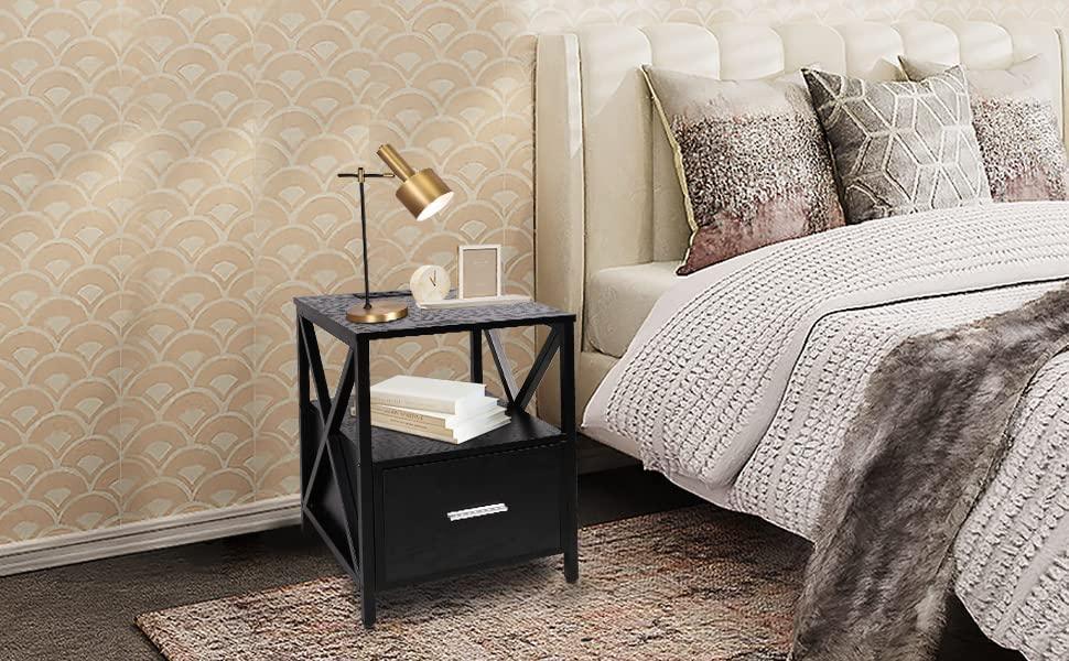 Nightstand Set of 2 Side Table with Charging Station USB Drawer Storage Night Stand BedSide Table with Drawer End Side Table with Storage Wood Accent Table (Black 1 Drawers 2 PC) - Bosonshop