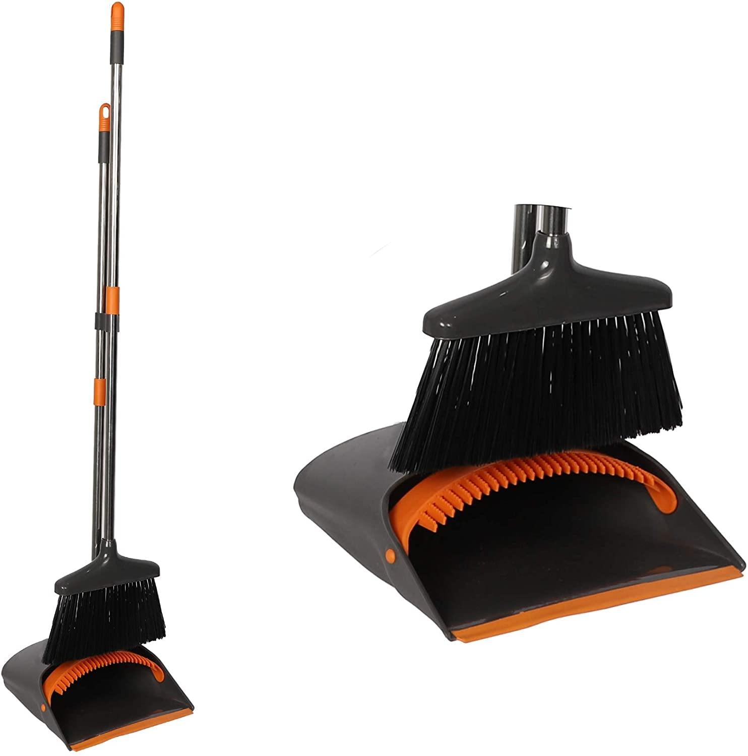 Broom and Dustpan Set Long Handle Lightweight and Robust Sweep Set Easy Assembly for Pet Hair Dirty Corners, Home Office, Grey + Orange - Bosonshop