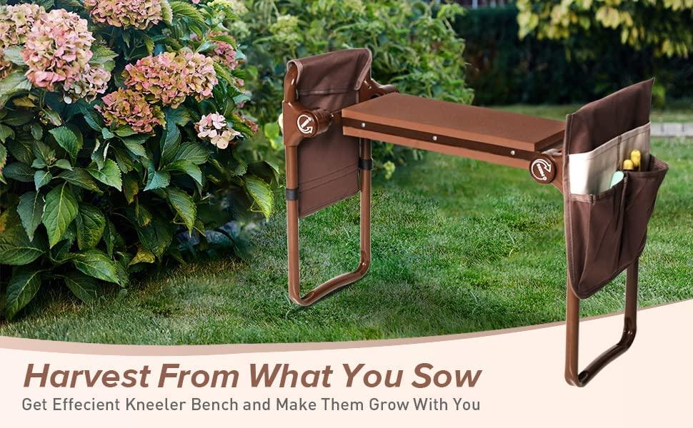 Widen Garden Kneeler Seat Bench Folding Garden Workseat with EVA Foam Pad and Dual Pouch, Brown - Bosonshop