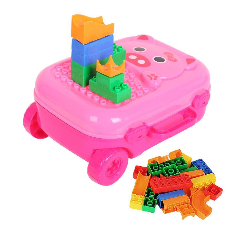 Bosonshop DIY Educational Blocks Baby Travel Case Plastic Rolling Luggage for Toddler