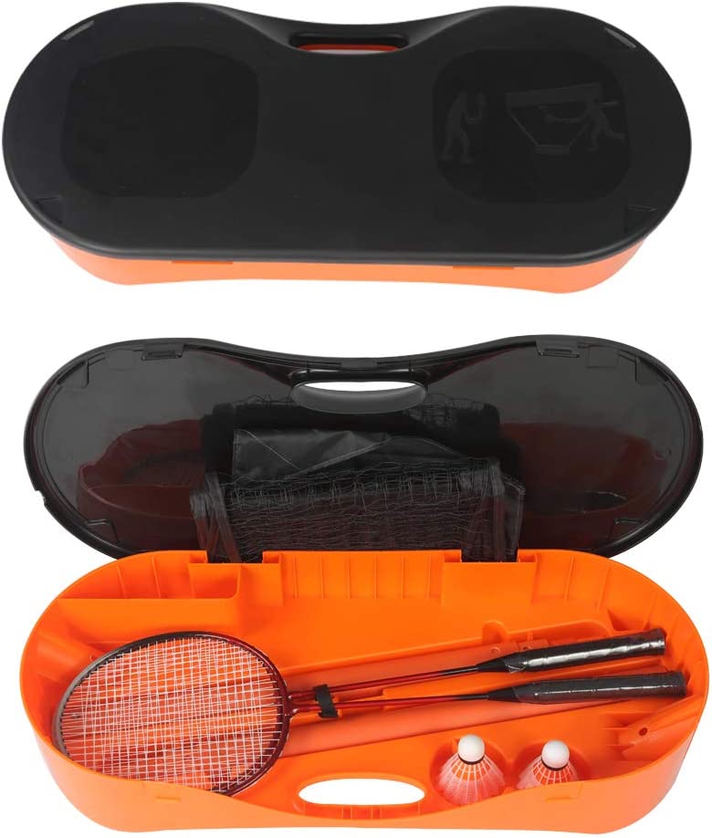 Portable Badminton Net Set Storage Box Base with 2 Battledores 2 Shuttlecocks Large, Orange - Bosonshop