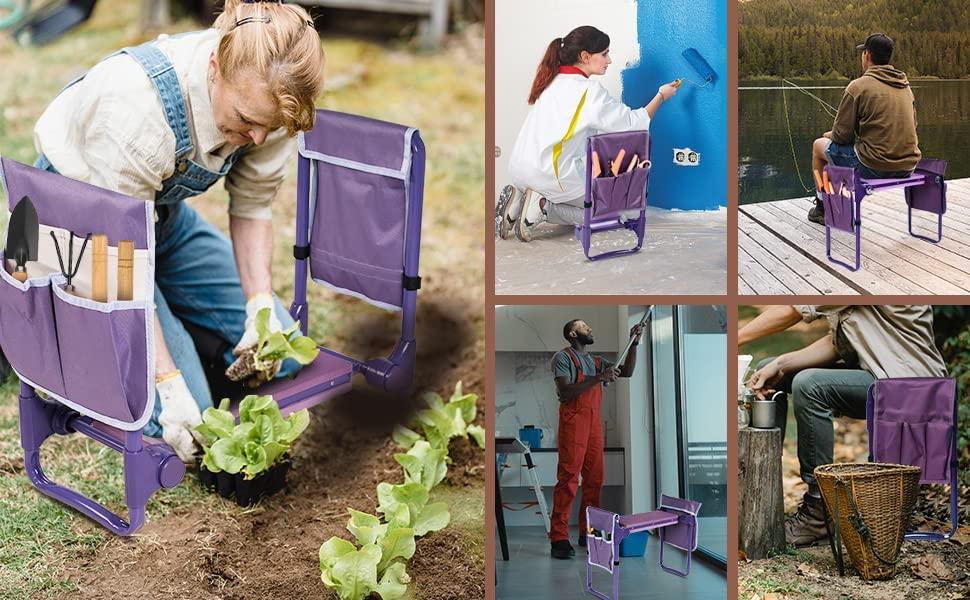 Garden Kneeler Widen Seat Bench Folding Gardening Stools with EVA Foam Kneeling Pad and 2 Tool Pouch, Purple - Bosonshop