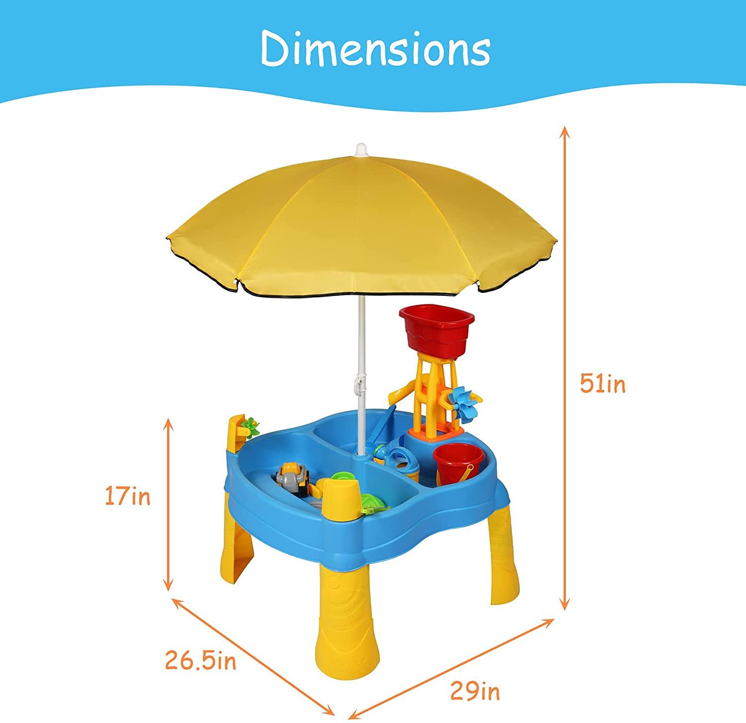 Kids Play Sand and Water Activity Table for Toddlers with Umbrella, Summer Beach Activity Toy Set for Outdoor - Bosonshop