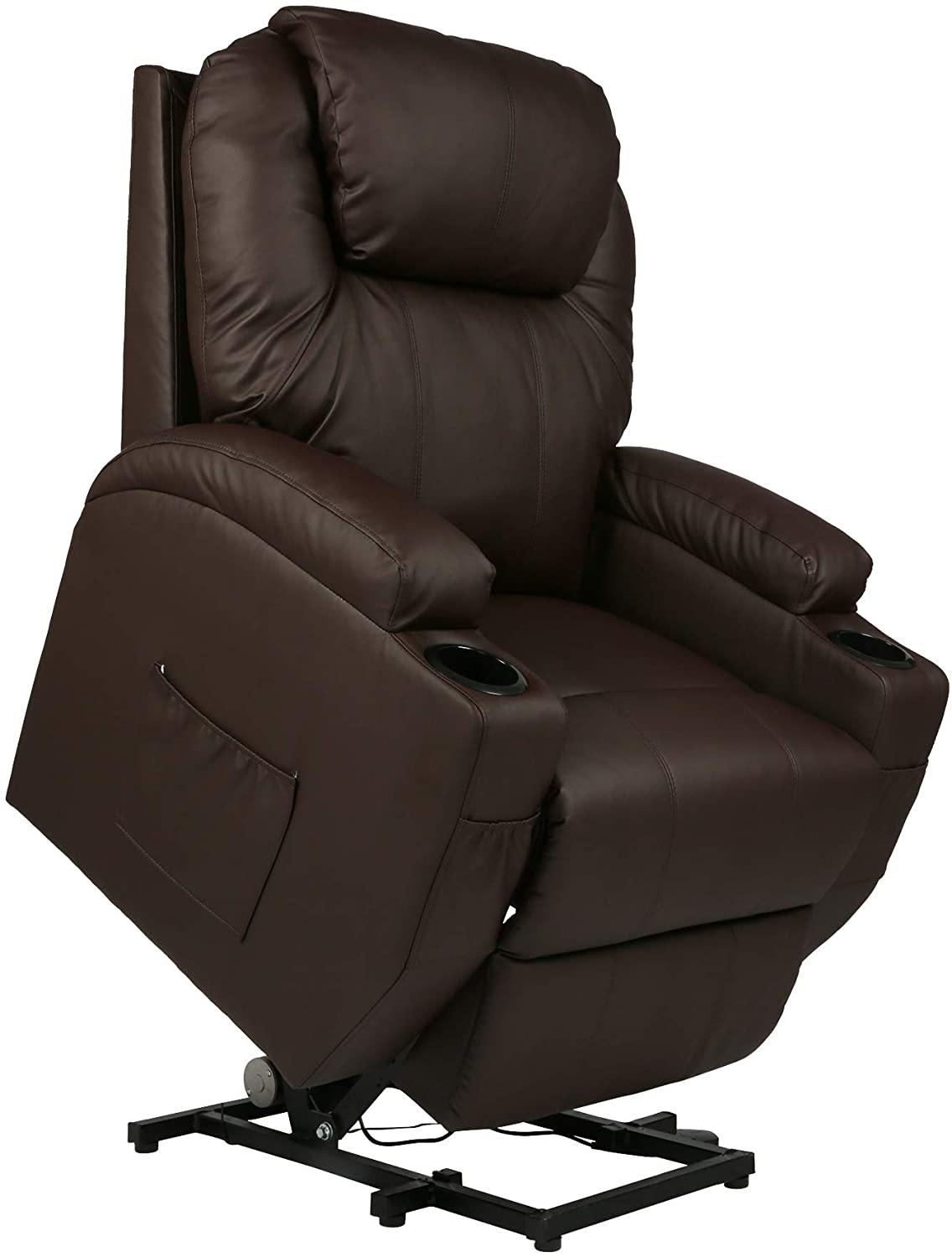 Single Recliner Chair with Massage & Heating Ergonomic Lounge Massage Sofa Power Lift with 2 Cup Holder Home Theater Seat, PU Leather, Brown - Bosonshop