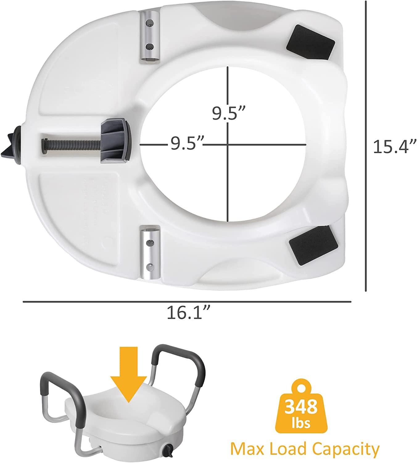 Raised Toilet Seat with Removable or Adjustable Handles, Plastic Raised Toilet Seat with Lock and Padded Armrests, White - Bosonshop