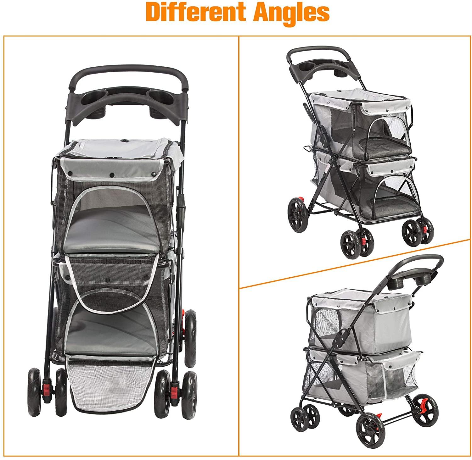 Folding Premium Double Dog & Cat Stroller Pet Stroller With Travel Carrier Cage, Grey - Bosonshop