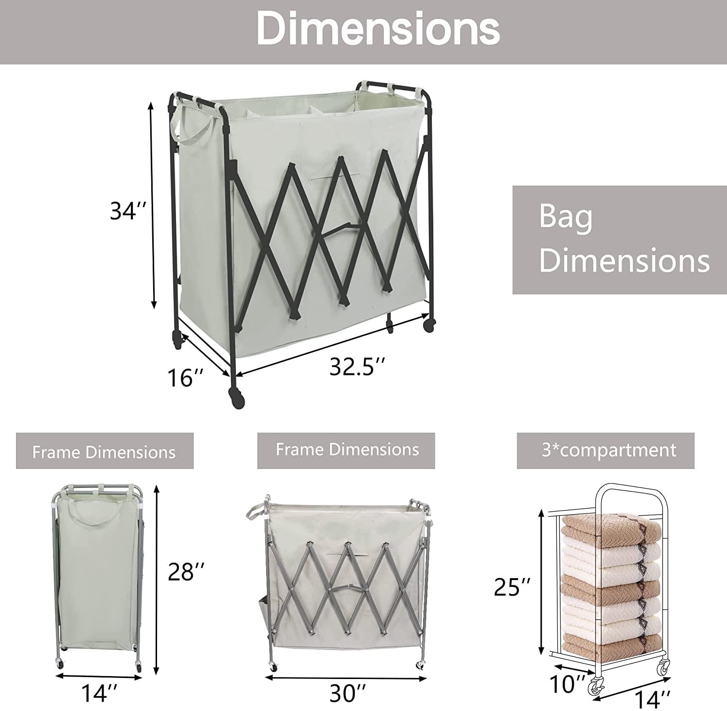 Folding 3 Section Laundry Cart Sorter, Laundry Hamper with Heavy Duty Lockable Wheels and Removable Rolling Laundry, Grey - Bosonshop