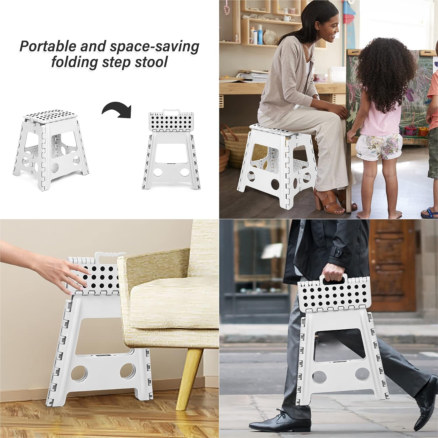 2 Pack Folding Step Stool with Portable Carrying Handle Safe Enough, White - Bosonshop