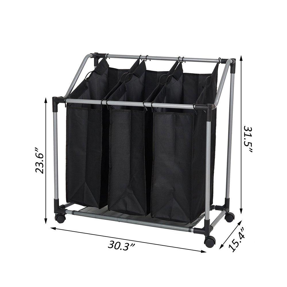 Bosonshop Heavy-Duty 3-Bag Rolling Laundry Sorter Storage Cart, Bag Laundry Organizer with Wheels（Black）