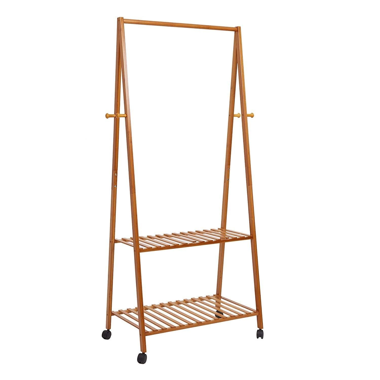 Bosonshop Bamboo Garment Clothing Rack with Wheels and Hooks