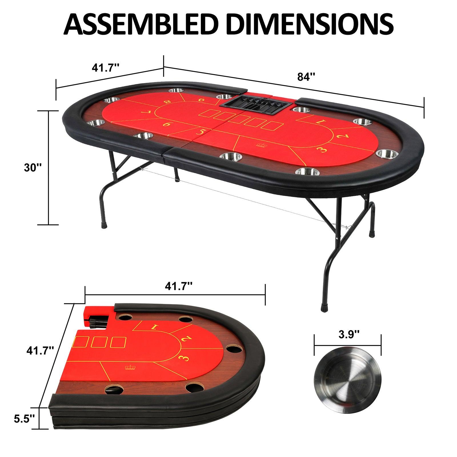 10 Players Foldable Poker Texas Holdem Table with Stainless Steel Cup Holders Padded Rails, Red - Bosonshop