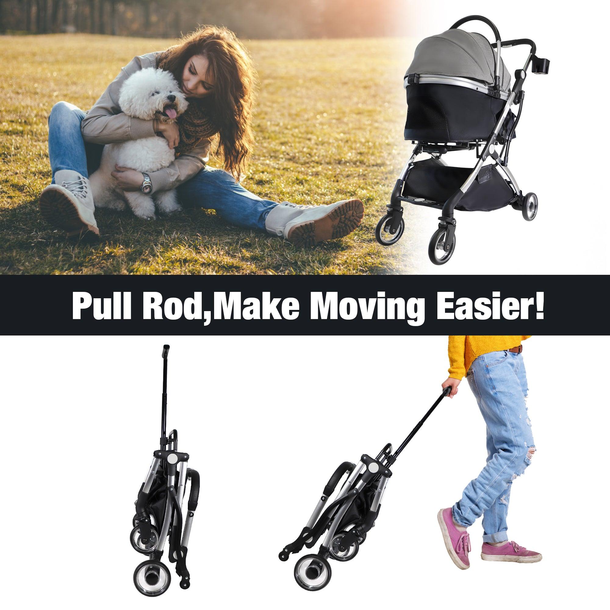 Foldable Pet Stroller 3 in 1 Design Detachable Carrier Telescopic Handle Aluminum Alloy Frame Up to 33 lbs Capacity Gray - Bosonshop